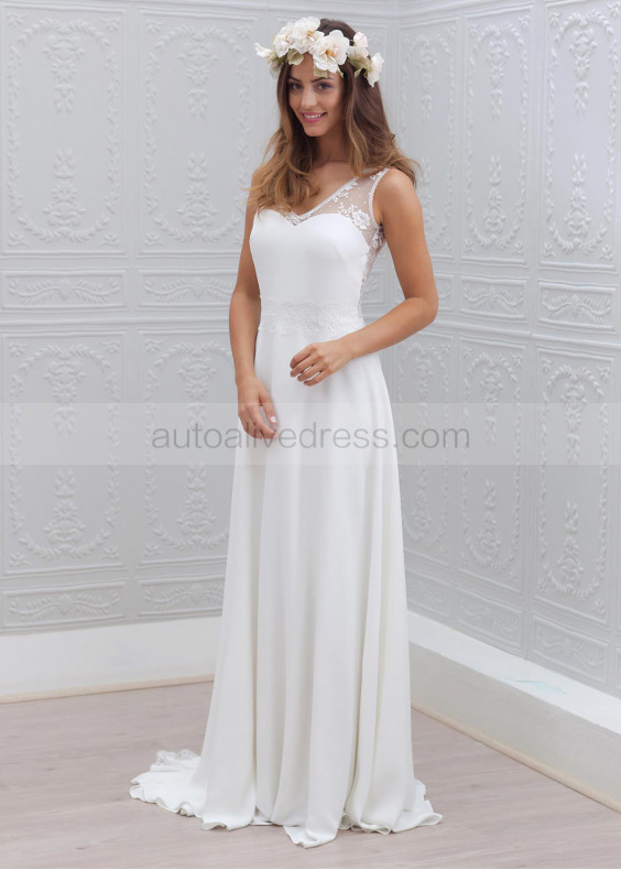 Ivory Lace Chiffon Slit Back Airy Wedding Dress